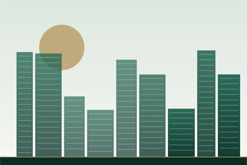 Abstract illustration of towers rising beside a rising sun in green and gold